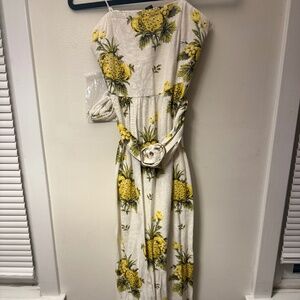 NWT TAHARI Pineapple Linen Yellow & White Pineapple Strapless Midi Dress Size 2